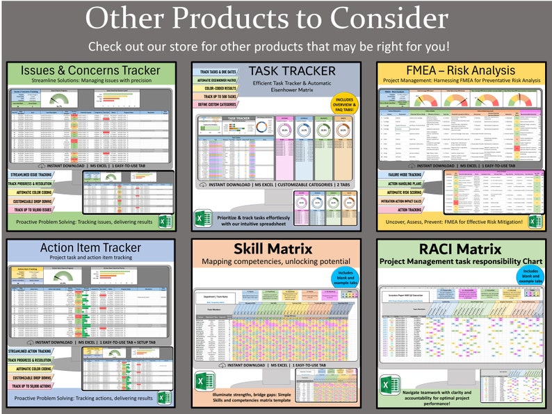 Pu&ograve; includere: Un collage di dieci modelli di fogli di calcolo Excel colorati per la gestione dei progetti, tra cui tracker di attivit&agrave;, analisi dei rischi e tracker di elementi di azione. I modelli sono progettati per aiutare a semplificare i flussi di lavoro e migliorare l'efficienza.