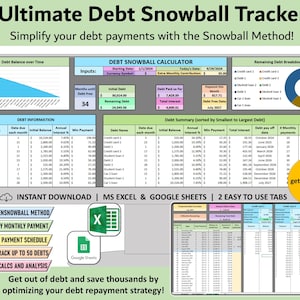 Debt Snowball Payoff Tracker Spreadsheet für Excel & Google Sheets, schuldenfrei, Kreditkarten Rückzahlung Studentendarlehen Vorlage für Planer