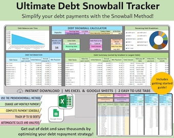 Debt Snowball Payoff Tracker Spreadsheet for Excel & Google Sheets, debt free, credit card student loan mortgage repayment planner template