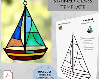Sailboat Stained glass pattern template, PDF suncatcher DIY stencil, Commercial & Hobby art license foil solder method instant download boat