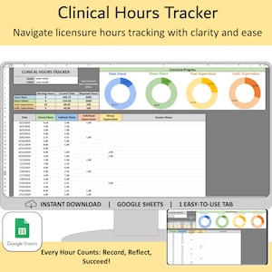 Clinical hours tracker Google Sheets, licensure hour log spreadsheet, counseling, therapy social work, indirect and supervised practicum