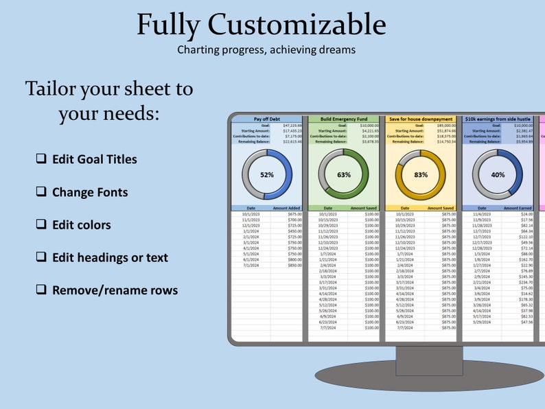 Financial Goals Tracker, Easy Savings Progress Spreadsheet, Excel Debt ...