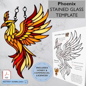 May include: A stained glass template of a phoenix with numbered pieces for cutting. The template is printed on white paper with black lines and red numbers. The template includes instructions for hanging loops and optional cut lines. The template is for hobby and commercial use.