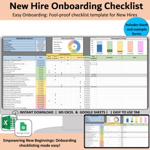 May include: A digital onboarding checklist template titled "New Hire Onboarding Checklist." The template includes sections for tasks, phases, and responsibilities, with charts and graphs. The text reads "Easy Onboarding: Fool-proof checklist template for New Hires."