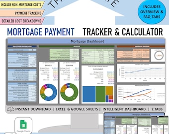 Puede incluir: Una plantilla de hoja de cálculo colorida para realizar un seguimiento de los pagos de la hipoteca. La plantilla incluye un panel de control con gráficos y diagramas, así como campos de entrada para ingresar información sobre la hipoteca. El texto "The Ultimate Mortgage Payment Tracker & Calculator" se muestra en la parte superior de la imagen. La imagen también incluye el texto "Instant Download | Excel & Google Sheets | Intelligent Dashboard | 2 Tabs".