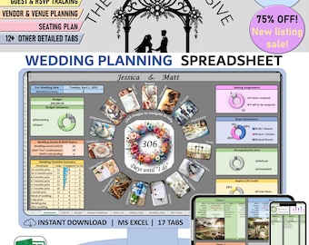 May include: A digital wedding planning spreadsheet displayed on a computer screen, featuring a floral wreath countdown, a seating chart, and a guest list. The spreadsheet is titled "Wedding Planning Spreadsheet" and includes the text "Instant Download | MS Excel | 17 Tabs".