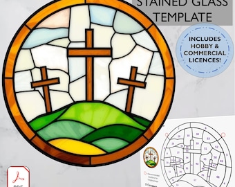 3 Crosses on Calvary, Stained Glass pattern. Christian DIY template, PDF digital download, commercial & Hobby license. Jesus Symbol, Faith