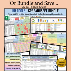 May include: A digital HR tools spreadsheet bundle featuring multiple dashboard views, data tables, and charts. Text includes "HR TOOLS SPREADSHEET BUNDLE", "Stand Out With Intuitive Spreadsheets", and a list of trackers like "Employee Training Tracker".
