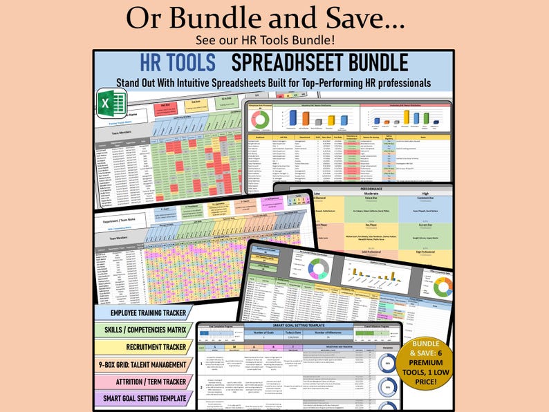 May include: A digital HR tools spreadsheet bundle featuring multiple dashboard views, data tables, and charts. Text includes "HR TOOLS SPREADSHEET BUNDLE", "Stand Out With Intuitive Spreadsheets", and a list of trackers like "Employee Training Tracker".