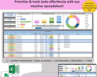 Puede incluir: Una plantilla de hoja de cálculo digital titulada "SIMPLE TASK TRACKER" con gráficos y tablas de visualización de datos. La hoja de cálculo incluye secciones para el estado de la tarea, la prioridad y la categoría, con el texto "¡Domina tu flujo de trabajo, una tarea a la vez!"