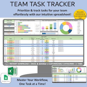 Team Task Tracker Spreadsheet, Google & Excel to-do list, Project assignment management for small business productivity, planning template