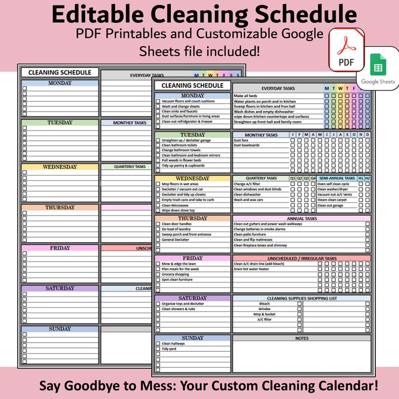 Editable Cleaning Schedule Planner, PDF & Google Sheets Household Chore ...