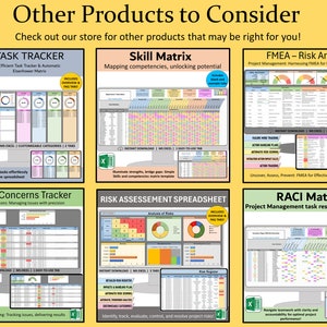 Peut inclure: Une collection de neuf mod&egrave;les de feuilles de calcul Excel color&eacute;s pour la gestion de projet, l'&eacute;valuation des risques, le suivi des t&acirc;ches et la cartographie des comp&eacute;tences. Les mod&egrave;les sont con&ccedil;us pour vous aider &agrave; organiser votre travail, &agrave; identifier et &agrave; g&eacute;rer les risques et &agrave; suivre votre progression.