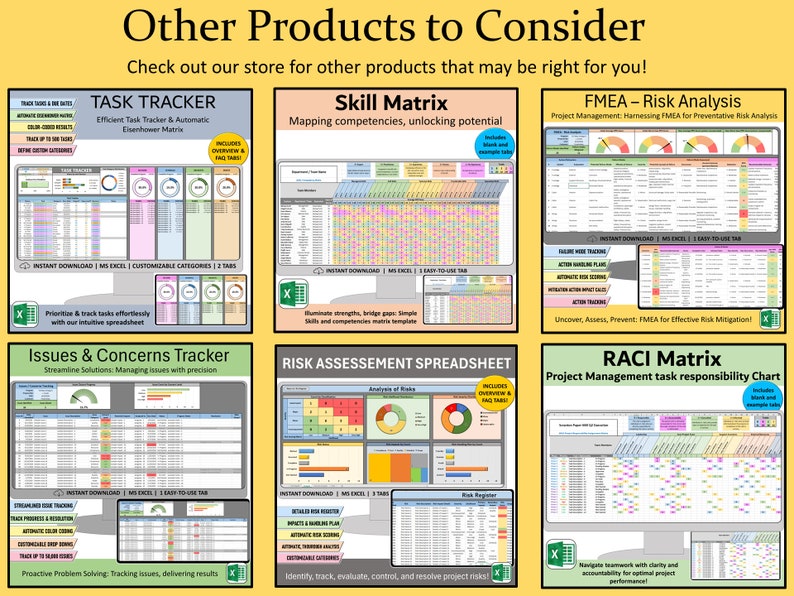 Peut inclure: Une collection de neuf mod&egrave;les de feuilles de calcul Excel color&eacute;s pour la gestion de projet, l'&eacute;valuation des risques, le suivi des t&acirc;ches et la cartographie des comp&eacute;tences. Les mod&egrave;les sont con&ccedil;us pour vous aider &agrave; organiser votre travail, &agrave; identifier et &agrave; g&eacute;rer les risques et &agrave; suivre votre progression.