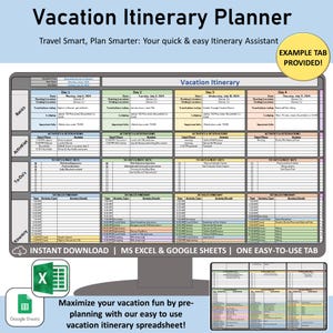 May include: A digital vacation itinerary planner spreadsheet displayed on a computer monitor. The grid features sections for basics, activities, to-dos, and detailed schedules across four days. Includes text: Vacation Itinerary Planner, Example Tab Provided.