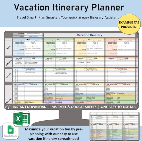 Vacation Planning Spreadsheet, simple travel itinerary, daily minimalist excel google sheets planner, holidays, road trips, family vacations