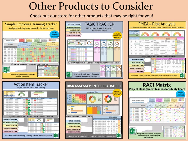 May include: A digital display featuring six distinct project management spreadsheet templates, including an employee training tracker, task tracker, FMEA risk analysis, action item tracker, risk assessment spreadsheet, and a RACI matrix.
