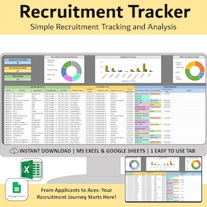 Recruitment Tracker Spreadsheet, Excel & Google Sheet applicant hiring tracker, HR candidate evaluation analysis template, employee manager