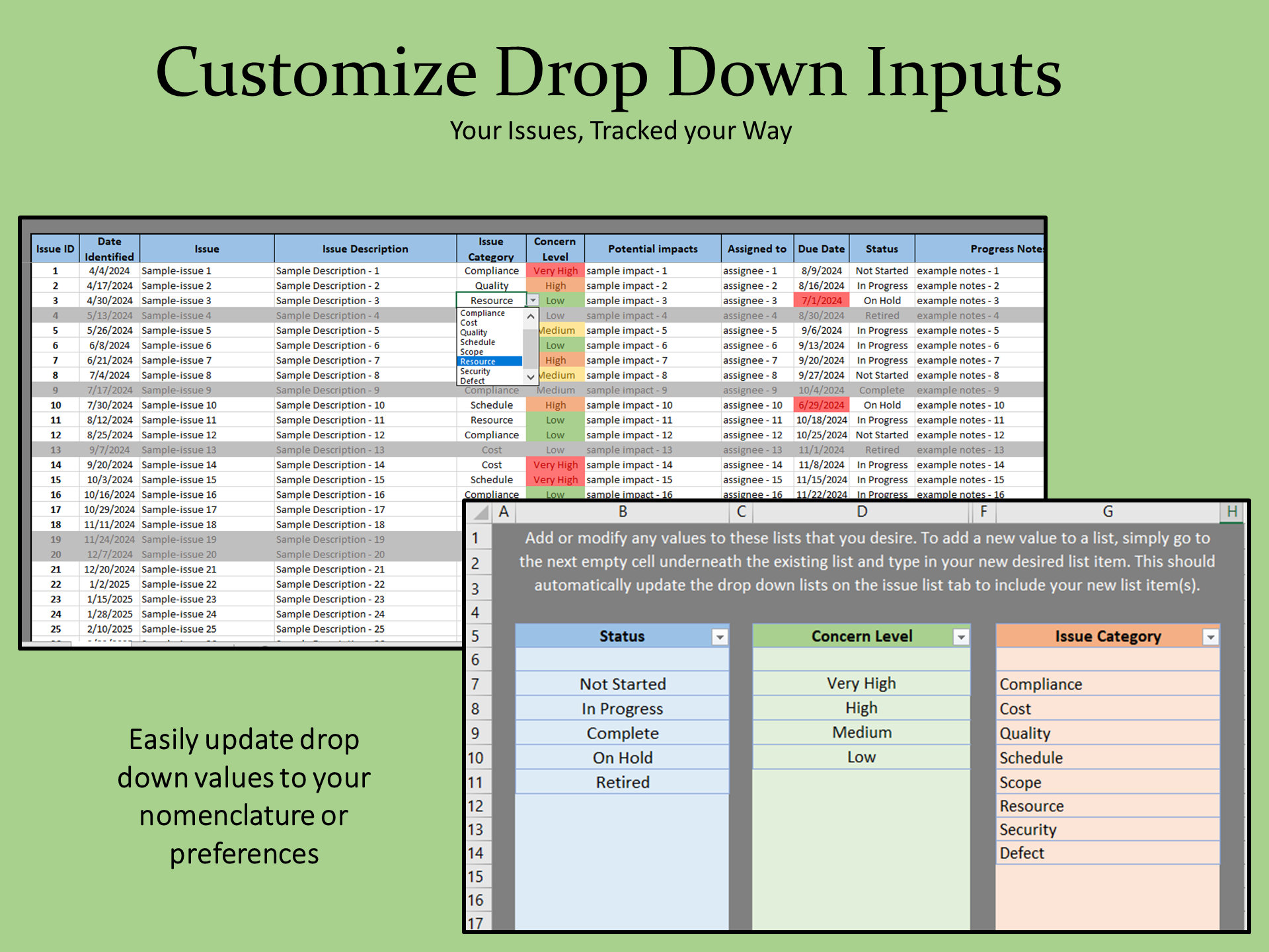 Issues and Concerns Tracker Spreadsheet, Excel Project Management ...