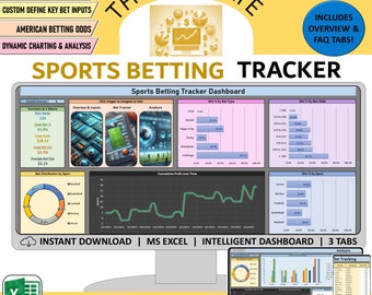 Sports Betting Tracker Spreadsheet, dynamic bet tracker log and analysis, American odds, Works with all Sportsbooks, Fanduel, Draftkings