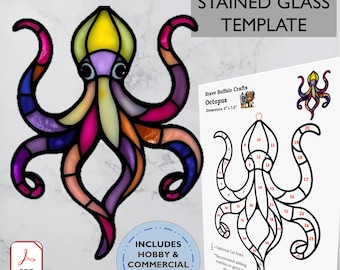 Octopus Stained glass pattern template, PDF suncatcher DIY stencil, Commercial & Hobby art license, foil solder method instant download gift