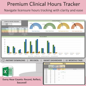 Premium Clinical hours tracker spreadsheet, Excel licensure log, social work, counseling, therapy daily practicum, indirect and supervised
