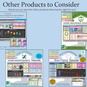 May include: Four colorful digital spreadsheets for home buyers, sellers, and investors. The spreadsheets include features like home insurance asset tracker, home maintenance tracker, house hunter comparison spreadsheet, and house flipping calculator. Each spreadsheet includes an instant download, MS Excel, intelligent dashboard, and tabs.