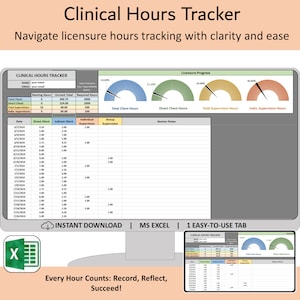 Clinical hours tracker spreadsheet, Excel licensure hour log, social work, counseling, therapy daily practicum, indirect and supervised hour
