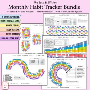 May include: A printable habit tracker bundle with five unique templates. The templates feature colorful grids and circles for tracking daily and weekly habits. The bundle includes US Letter and A4 sizes.