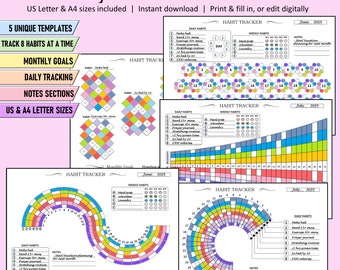 Habit Tracker printable template bundle, monthly and weekly goal progress, health tracker, ADHD instant download, landscape tracker PDFs