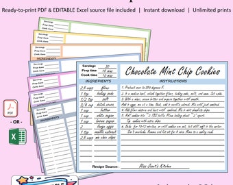 May include: Printable recipe cards in eight different colors. The cards are designed in a modern style and measure 5x7 inches. The example card is for chocolate mint chip cookies and includes a list of ingredients, instructions, and a space for the recipe source. The text on the card reads "Chocolate Mint Chip Cookies", "Ingredients", "Instructions", "Recipe Source", and "Miss Janet's Kitchen".