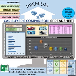 May include: A computer screen displaying a spreadsheet with a blue and white color scheme. The spreadsheet is titled "Car Buyer's Comparison Spreadsheet" and includes a chart with the title "Up-front & Monthly Expenses Comparison". The spreadsheet is designed to help users compare different car models and make informed decisions about their purchase.