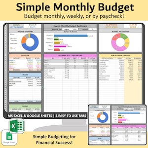 May include: A colourful spreadsheet template for budgeting, with the title "Simple Monthly Budget" and instructions to budget monthly, weekly, or by paycheque. The spreadsheet includes sections for income, expenses, savings, and recurring bills. The template is designed for use with Microsoft Excel and Google Sheets.