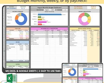 Easy Budget Spreadsheet, Monthly, weekly, or paycheck income and expense tracking, Excel or Google Sheets personal finance planner template