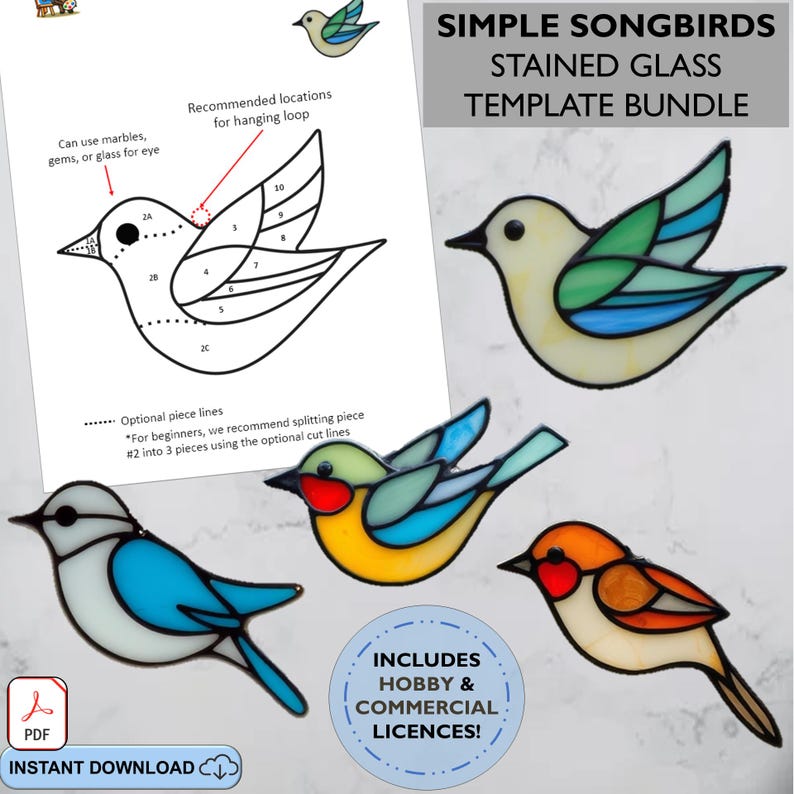 Simple Songbirds Stained Glass pattern templates, DIY birds bundle. PDF digital download, commercial license included, beginner intermediate image 1