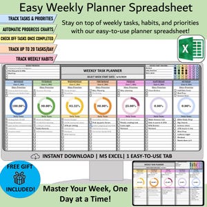 Puede incluir: Una hoja de cálculo de planificador semanal digital con un diseño claro. Incluye secciones para el seguimiento de tareas, prioridades y hábitos, con gráficos de progreso y un calendario. El texto dice "Easy Weekly Planner Spreadsheet".