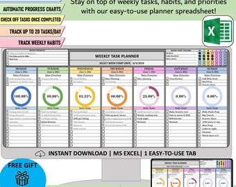 May include: A digital weekly planner spreadsheet with a clean, organized layout. The spreadsheet includes sections for tracking tasks, priorities, and habits, with progress charts and a calendar. The text reads "Easy Weekly Planner Spreadsheet".