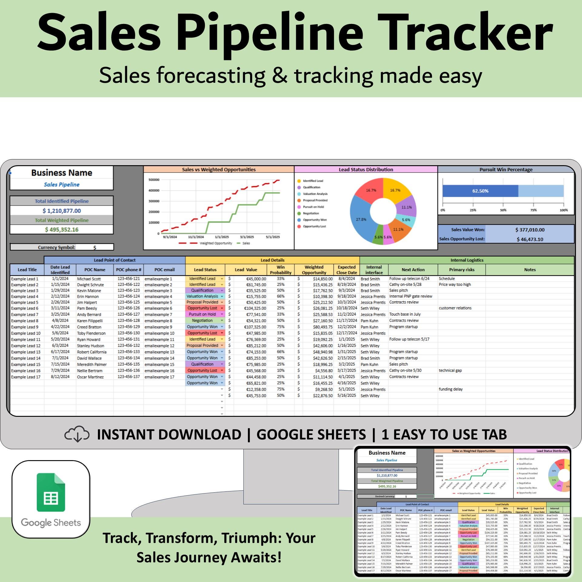 Sales Pipeline Tracker Spreadsheet, Google Sheets CRM client tracking template, Sales forecasting small business, lead &deals projection log