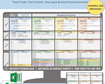 Vacation Planning Spreadsheet, simple travel itinerary, daily minimalist excel google sheets planner, holidays, road trips, family vacations