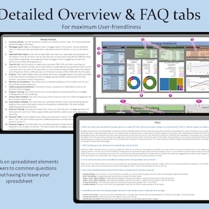 May include: A screenshot of a spreadsheet program with two tabs, "Detailed Overview" and "FAQ". The "Detailed Overview" tab shows a mortgage dashboard with charts and graphs. The "FAQ" tab shows a list of frequently asked questions and answers about the spreadsheet program.