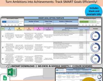 Modèle de définition d'objectifs SMART, feuille de calcul de suivi des objectifs, agenda numérique Excel, RH petite entreprise, résolution du nouvel an, feuilles google