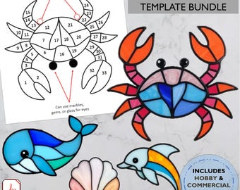 Beach Finds - Stained Glass pattern bundle, DIY templates: Seashell, dolphin, whale, crab. PDF digital download, commercial license included