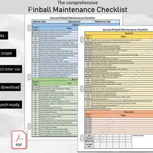 May include: A printable checklist for annual pinball machine maintenance. The checklist includes tasks for the cabinet, playfield, and misc/other areas. The checklist is divided into sections for annual and frequent tasks. The checklist is 2 pages long and is US letter size.