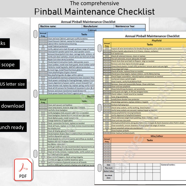 Pinball Maintenance Checklist, Comprehensive upkeep task list for pinball machine, arcade game checklist