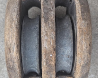 Antique Wood & Metal Rope Block and Tackle Pulley Primitive As Is