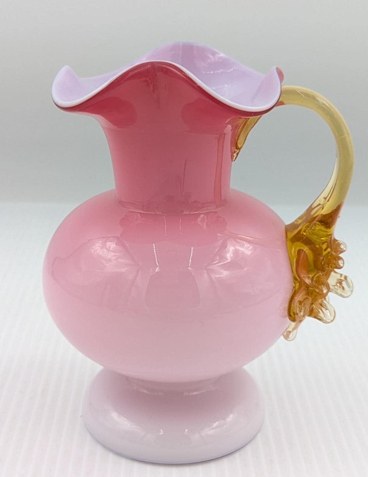 Bohemian Victorian Pink White Cased Art Glass Vase Applied Amber