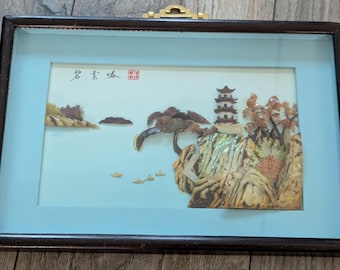 Vintage Chinese Mother Of Pearl Shell Art Village Pagoda Diorama Shadow Box