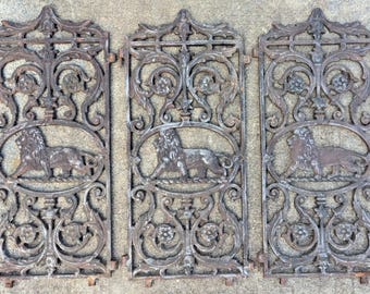 Antique Cast Iron Fireplace Screen Ornate with Lion 3 Panels As Is For repair
