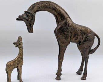 Pair Brass Giraffe Figurines Mother and Baby Set MCM Animal Heavy