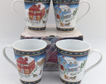 American Atelier Winter Village 5053 Mug Set of 4 Mugs with Box
